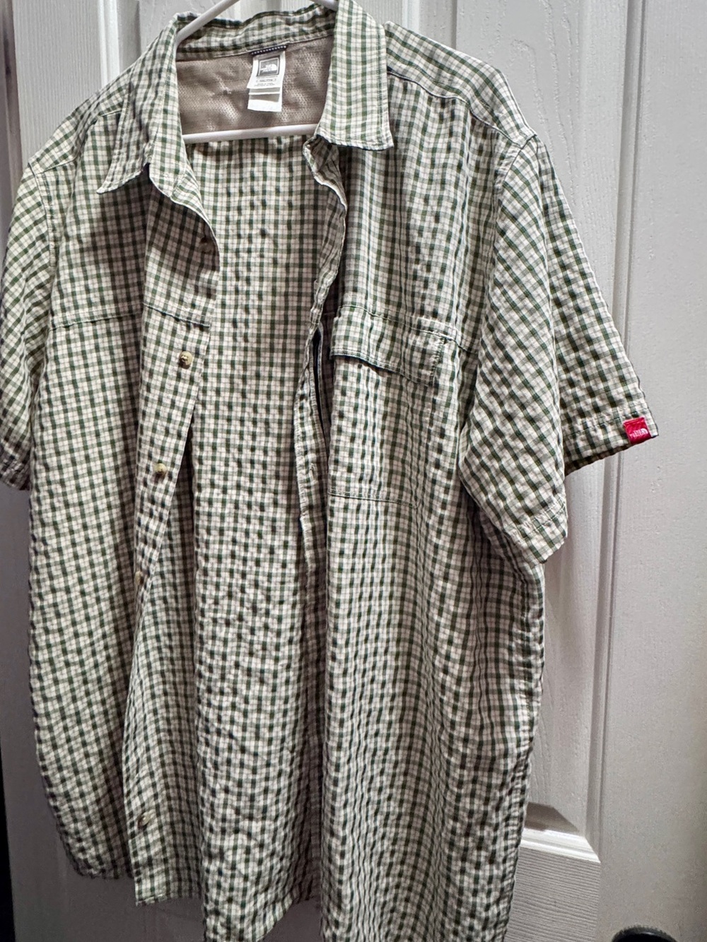 The North Face Short-Sleeve Green and Cream Check Button-Down Shirt